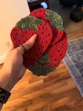Handmade Red Beaded Strawberry Coasters - Set of 4